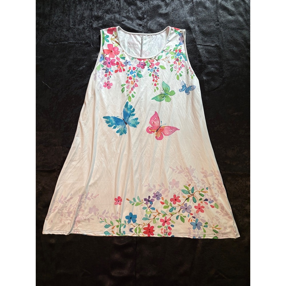 Denater Women 6XL Butterfly Floral Sleeveless Tunic Top Mini‎ Dress White Multi